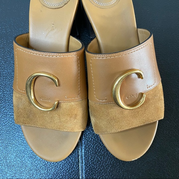 CHLOÉ camel tan C logo embellished leather heeled mules 39 - Picture 5 of 15